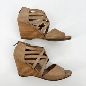 Eileen Fisher Tan Suede Wedge Sandals Back Zip Size 7 Strappy Open Toe